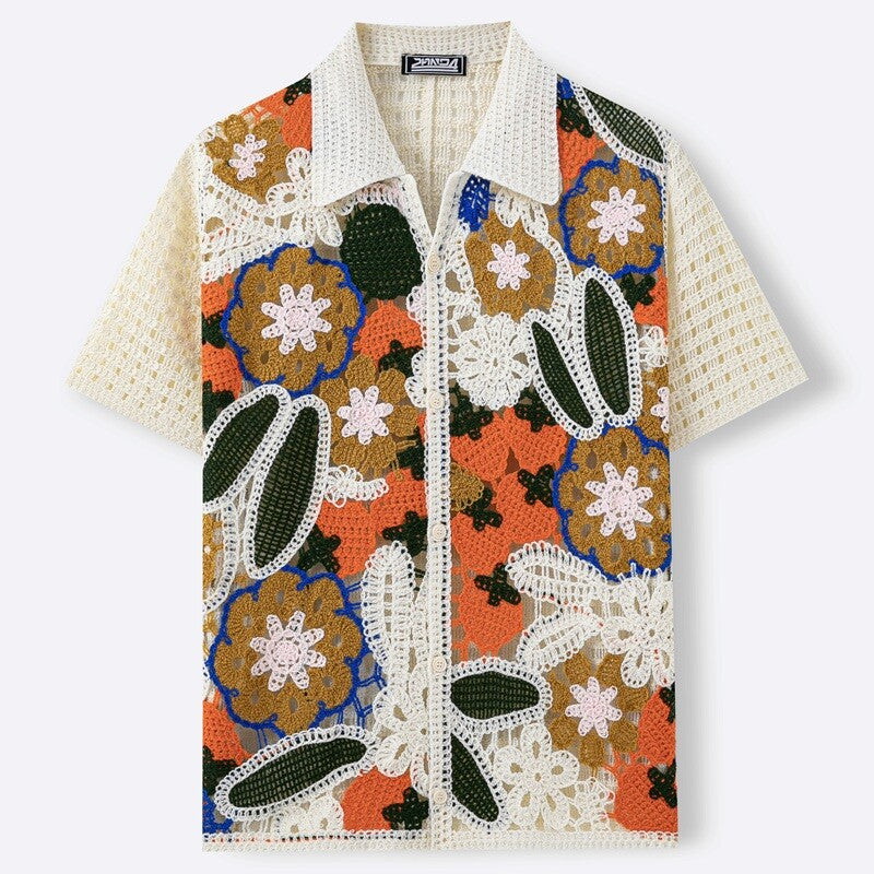 Men's short-sleeve crochet shirt with geometric patterns