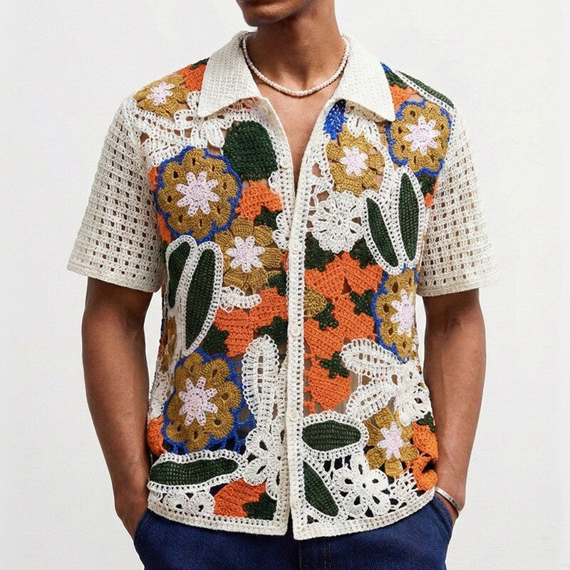 Men's short-sleeve crochet shirt with geometric patterns