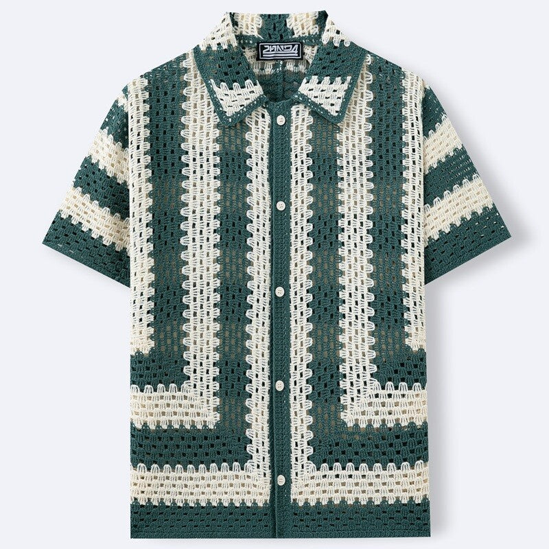 Men's short-sleeve crochet shirt with geometric patterns