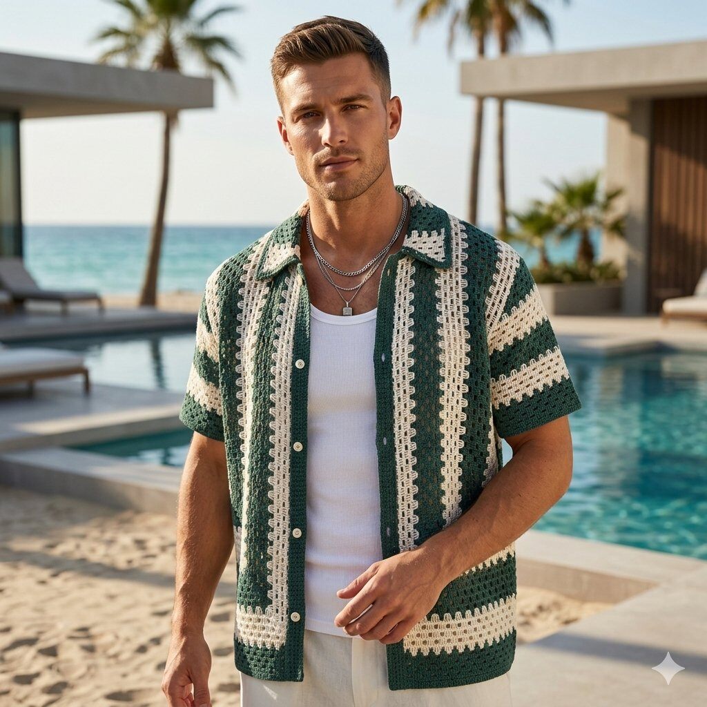 Men's short-sleeve crochet shirt with geometric patterns