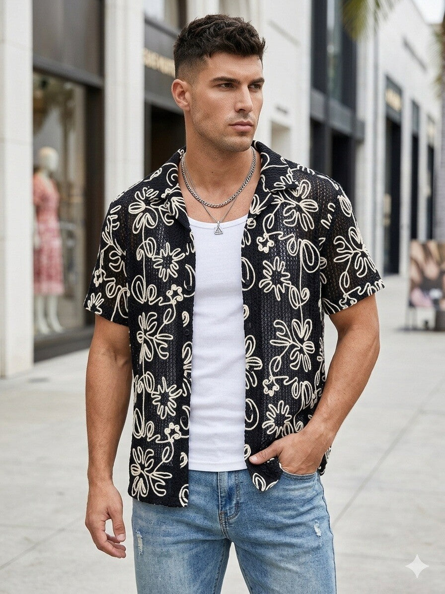 Men's textured short-sleeve shirt with floral pattern