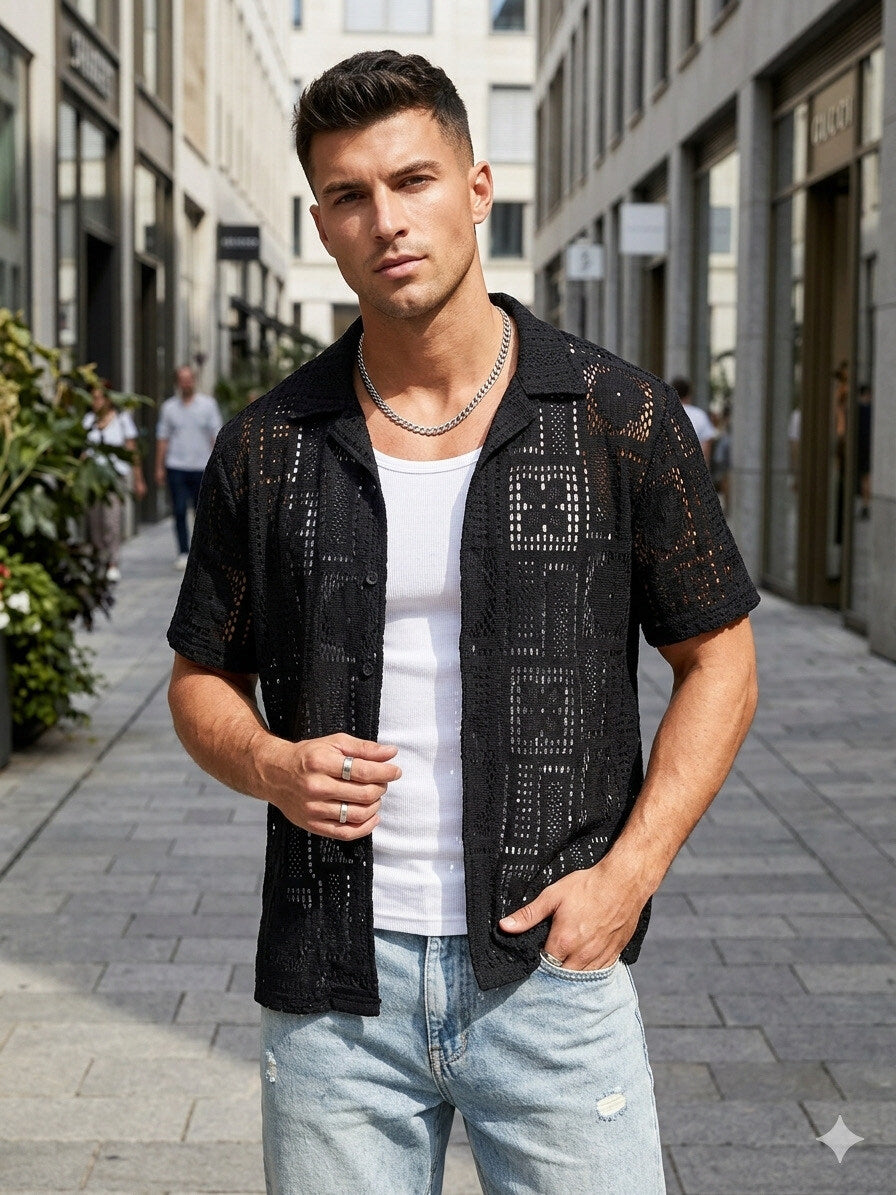 Men's textured short-sleeve shirt with geometric patterns
