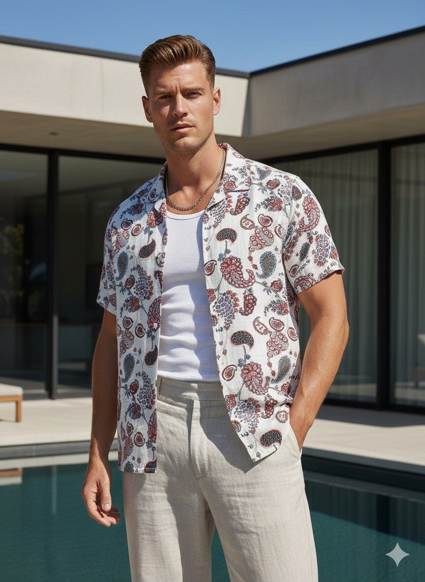 Short-sleeve shirts on a white background with floral prints