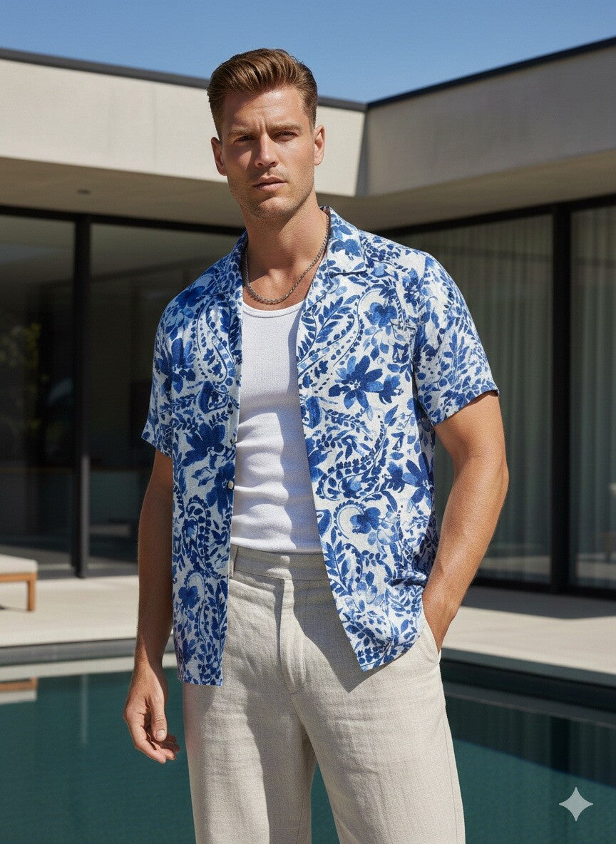 Short-sleeve shirts on a white background with floral prints