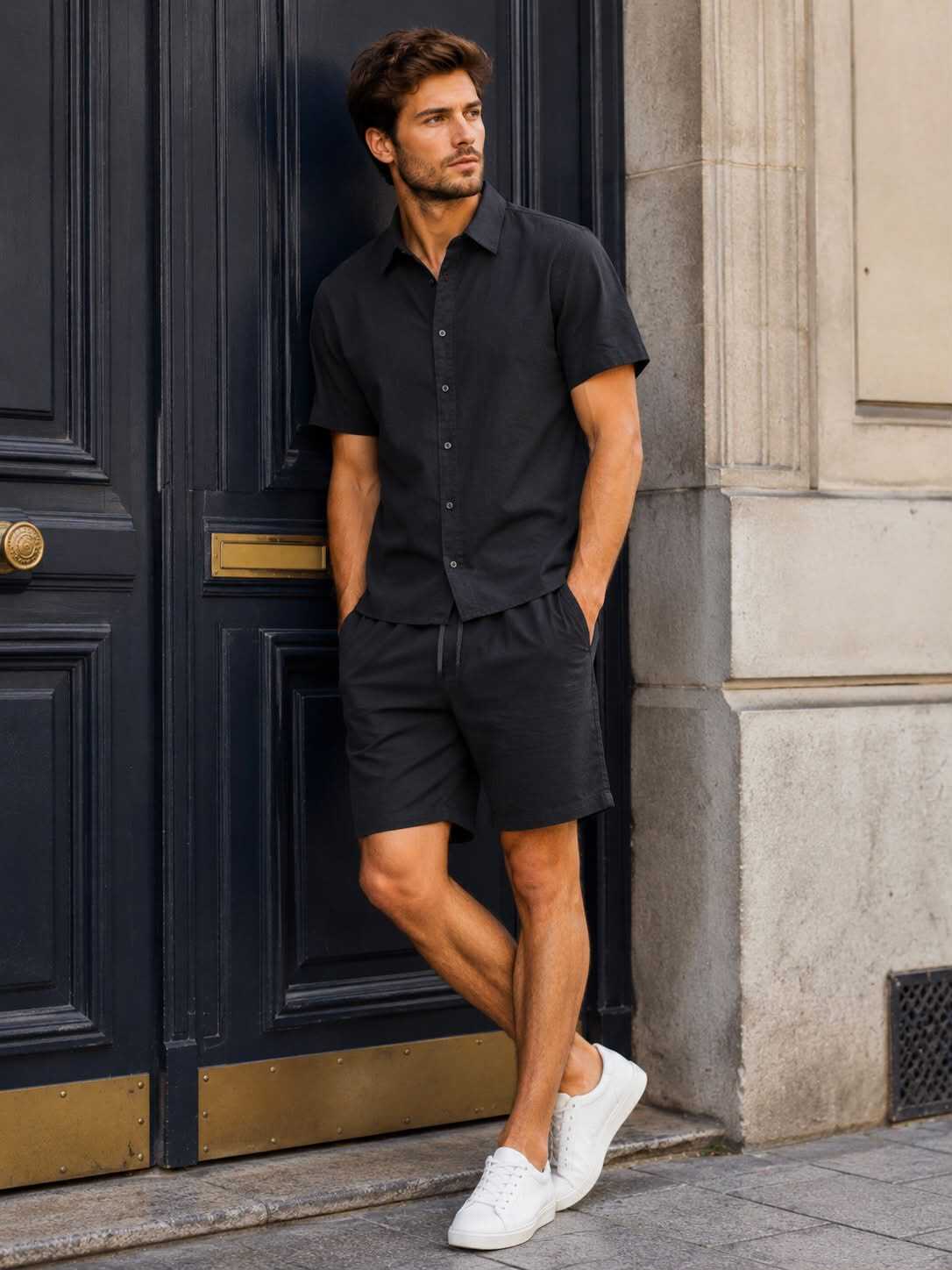 Men's Solid Cotton Shirt and Shorts Set
