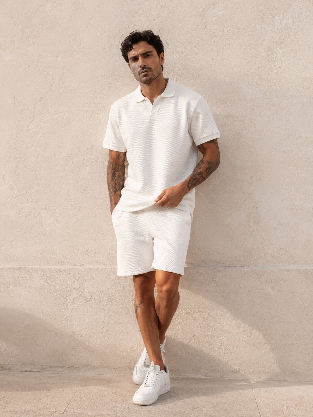 Textured Polo & Shorts Set