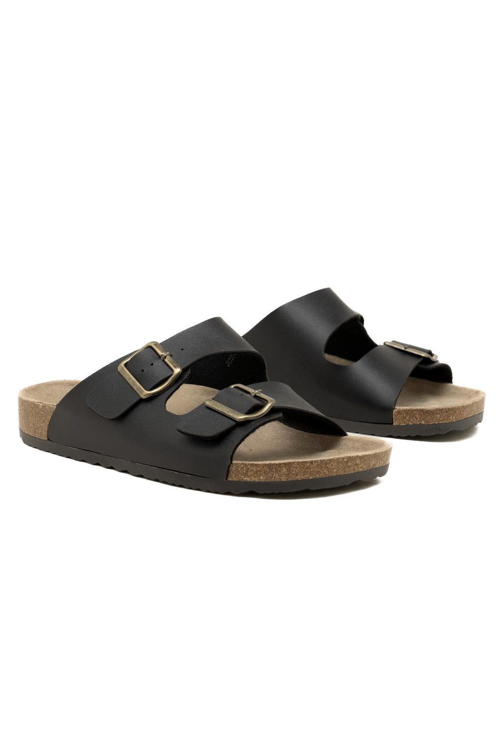 Cork-style mules with adjustable double buckles