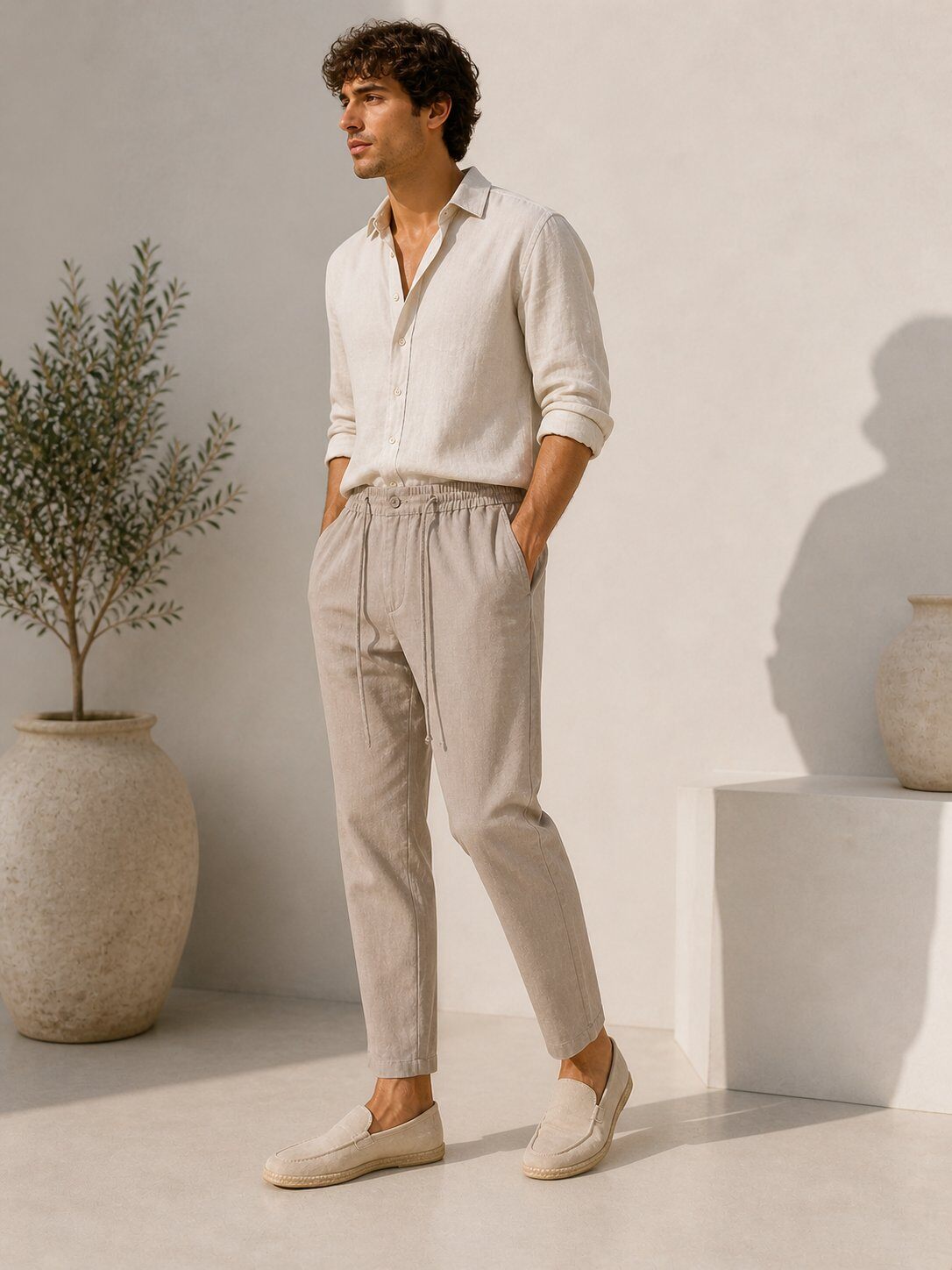 Dark beige cotton linen-effect trousers