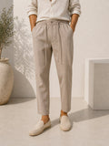 Dark beige cotton linen-effect trousers