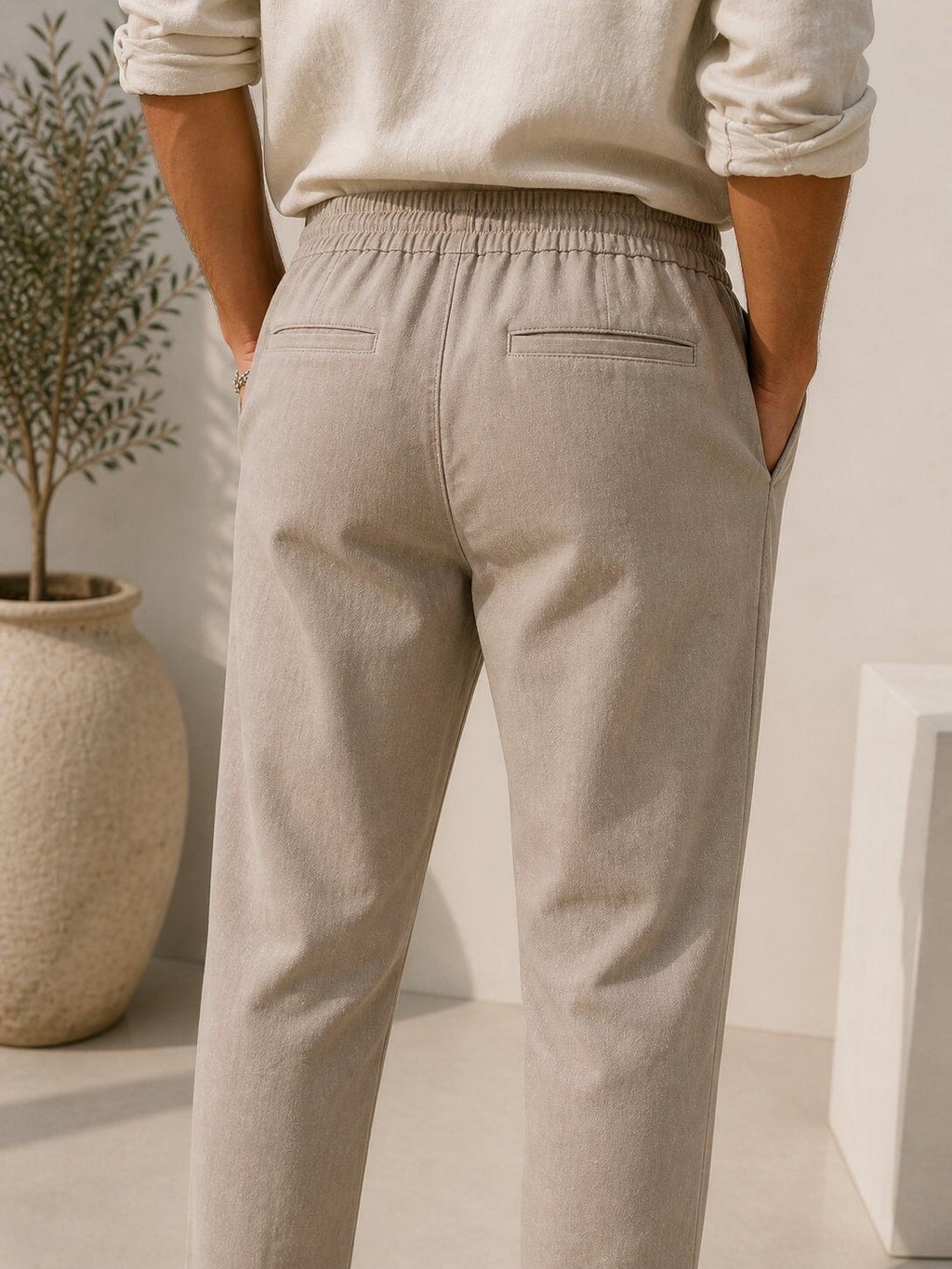Dark beige cotton linen-effect trousers