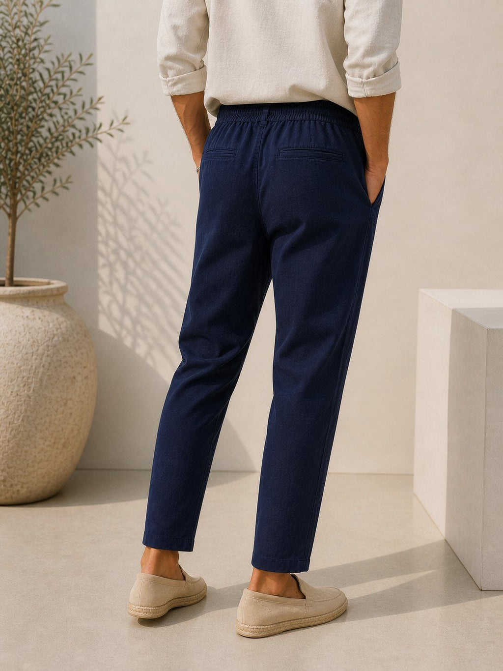 Navy blue cotton linen-effect trousers