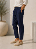 Navy blue cotton linen-effect trousers