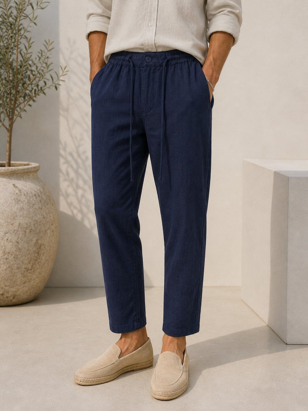 Navy blue cotton linen-effect trousers