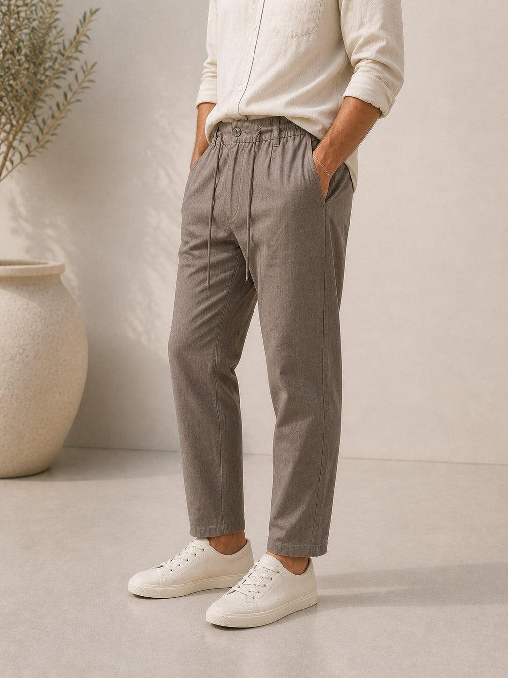 Brown taupe cotton linen-effect trousers