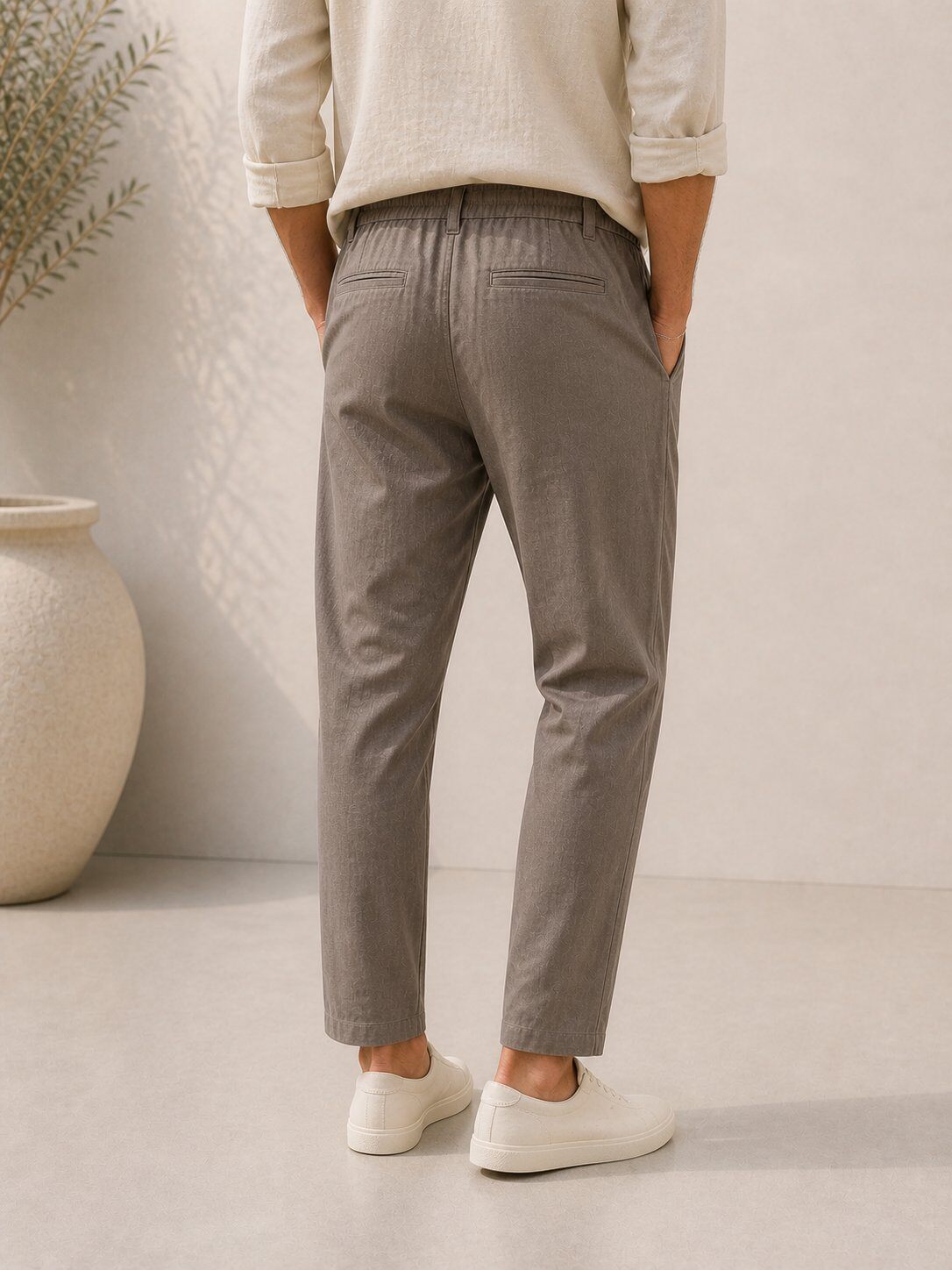 Brown taupe cotton linen-effect trousers