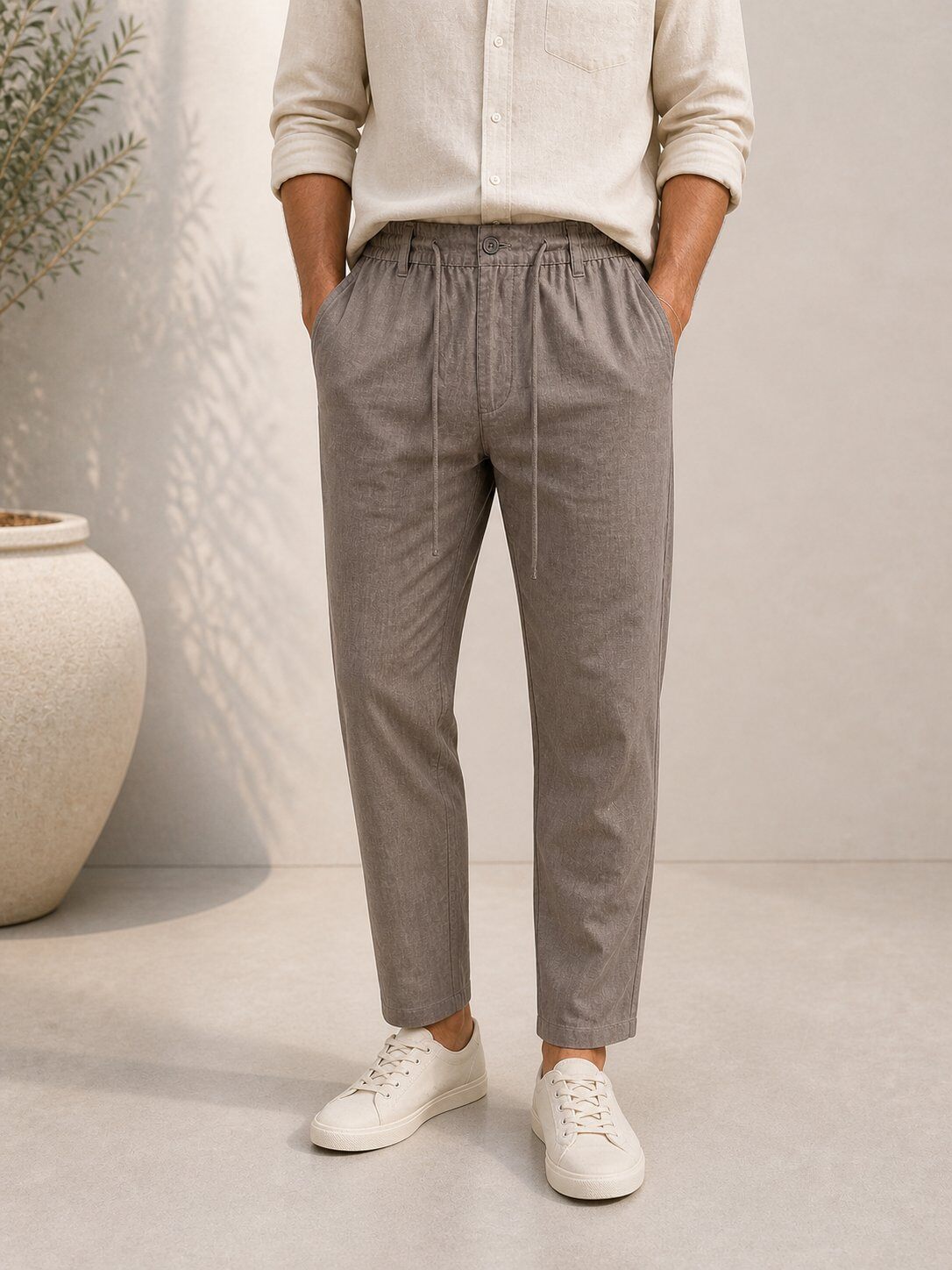 Brown taupe cotton linen-effect trousers