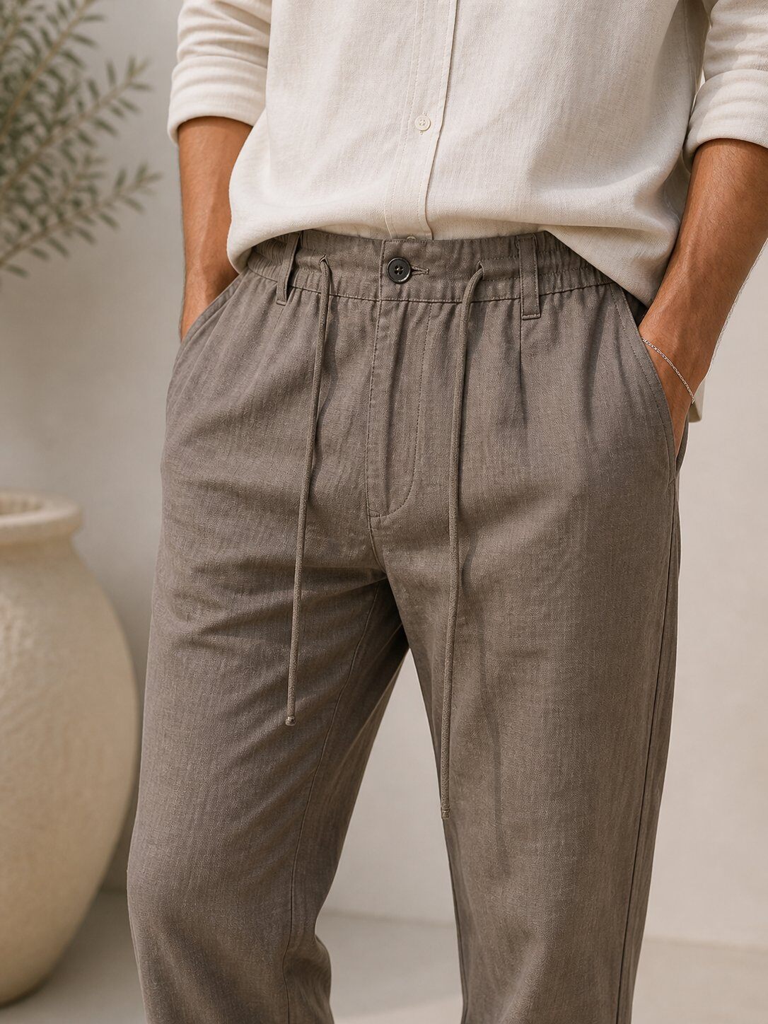 Brown taupe cotton linen-effect trousers
