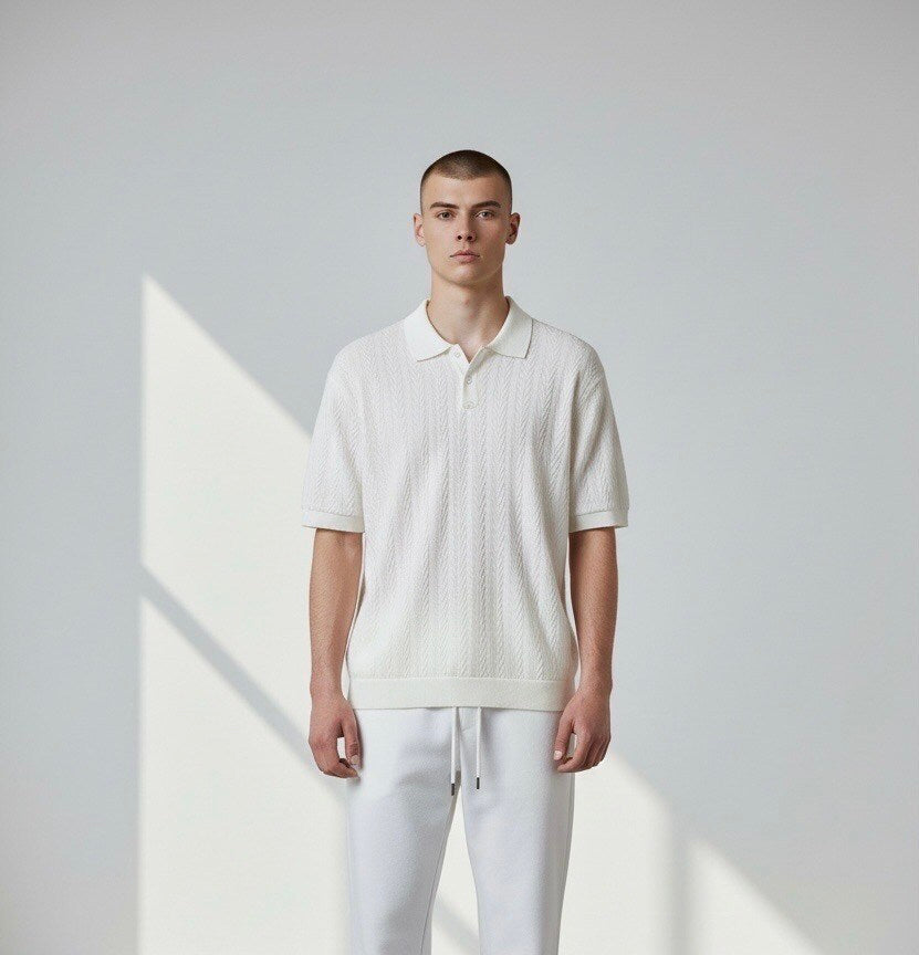 Men's textured polo with subtle vertical pattern