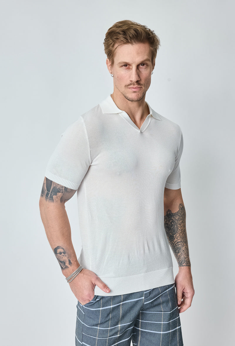 Short-sleeved plain knitted polo shirt